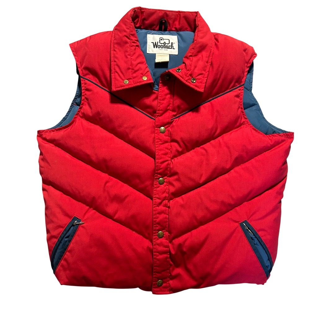 VTG Woolrich Puffer Vest Mens Large Red Chevron Quilted Down Fill Snap Front USA